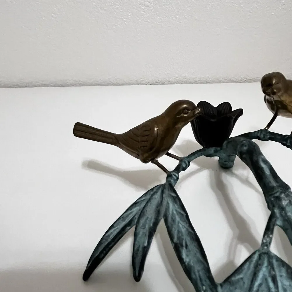 Andrea by Sadek Brass Birds on Bamboo Candle Holder Figurine